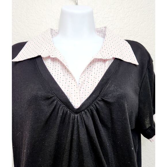 Paris Blues Black Pink Polka Dot Layered Collard Top 1X Plus Lightweight Pleated - Picture 4 of 6
